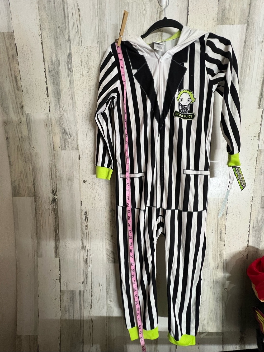 Kids Black & White Striped Beetlejuice Hooded Pajamas w/ Neon Green Accents NWT